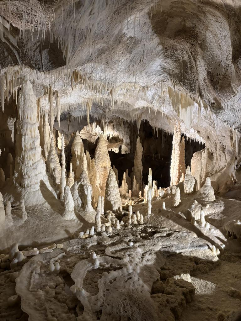 Tropfsteinhöhle mit zahlreichen Stalaktiten und Stalagmiten im Inneren.